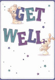 A vibrant get well card illustration channels the bright community spirit of Walthamstow, offering warmth and hope through evocative detail. Two lovable characters-a cozy teddy bear and a lively, floppy-eared puppy-are joyfully caught in the act of sharing a heartfelt message, each gently embracing the colourful, prominent letters that spell out 'Get Well.' The use of rich indigo and teal in the eye-catching text creates a sense of gentle energy, standing out beautifully from an inviting cream-white background. Sprinkled stars in varying shades of blue and purple capture a whimsical, magical mood reminiscent of nights under the lights by Walthamstow Central. The fur of the bear appears plush and comforting, the puppy's ears velvety to the imagined touch, inviting an emotional embrace as if from a local friend. This card, when sent together with a thoughtfully arranged bouquet from Flower Delivery Walthamstow, becomes a heartfelt gesture-lifting the mood of someone recovering near Walthamstow Village or Church Hill, and radiating community care.